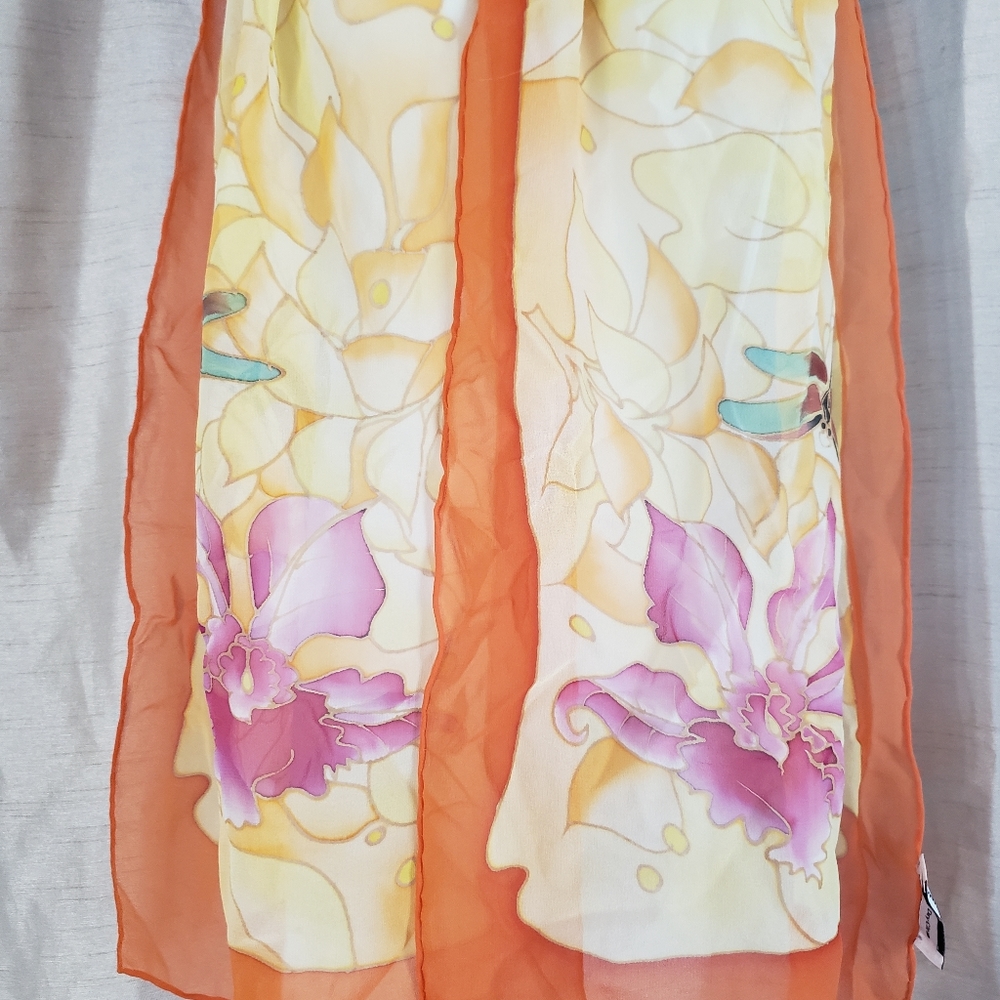 NWOT Jenny James orange cream purple & blue floral silk scarf - Picture 2 of 7